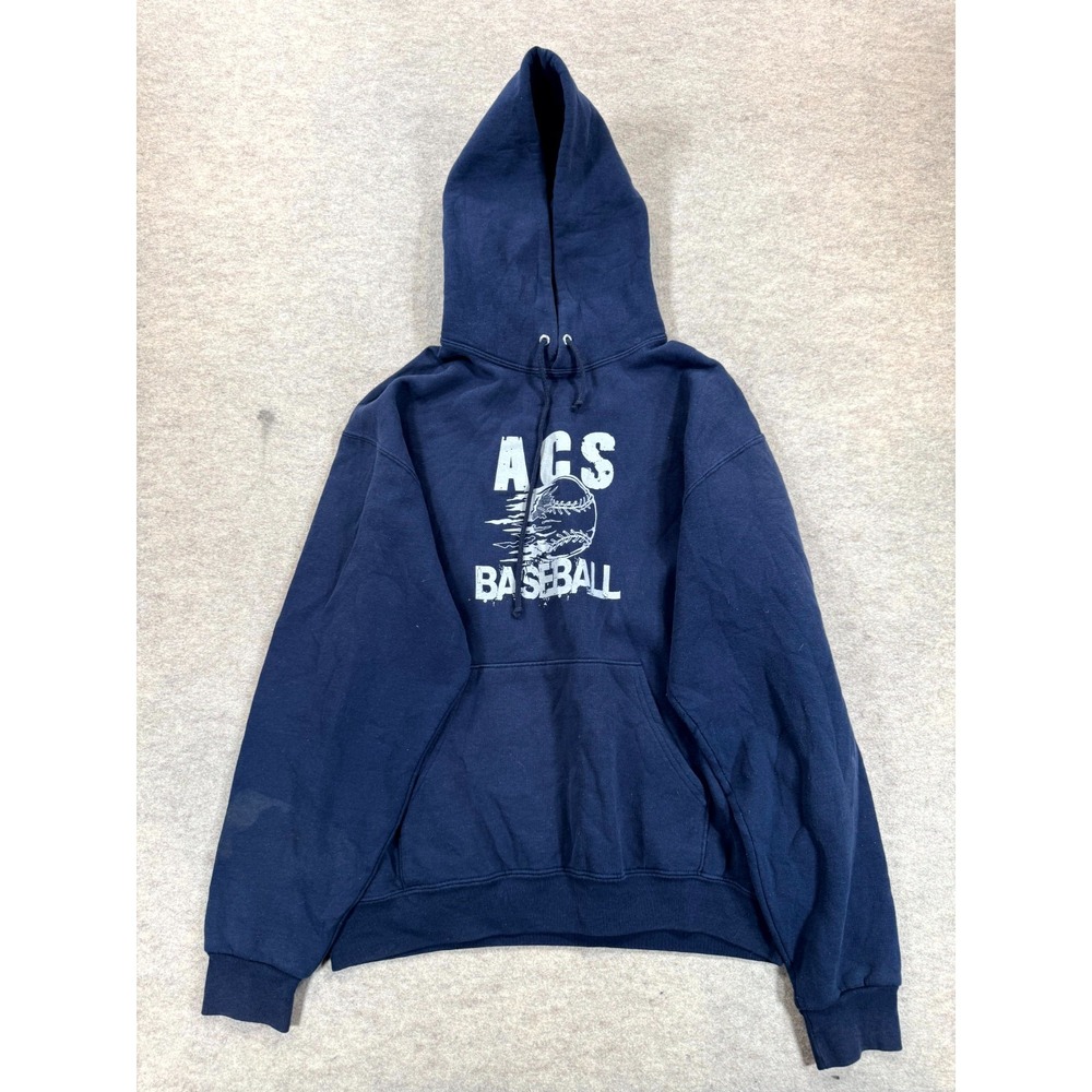 Jerzees ACS Baseball Hoodie Mens L Blue Fleece Lined Graphic Broussard Pullover